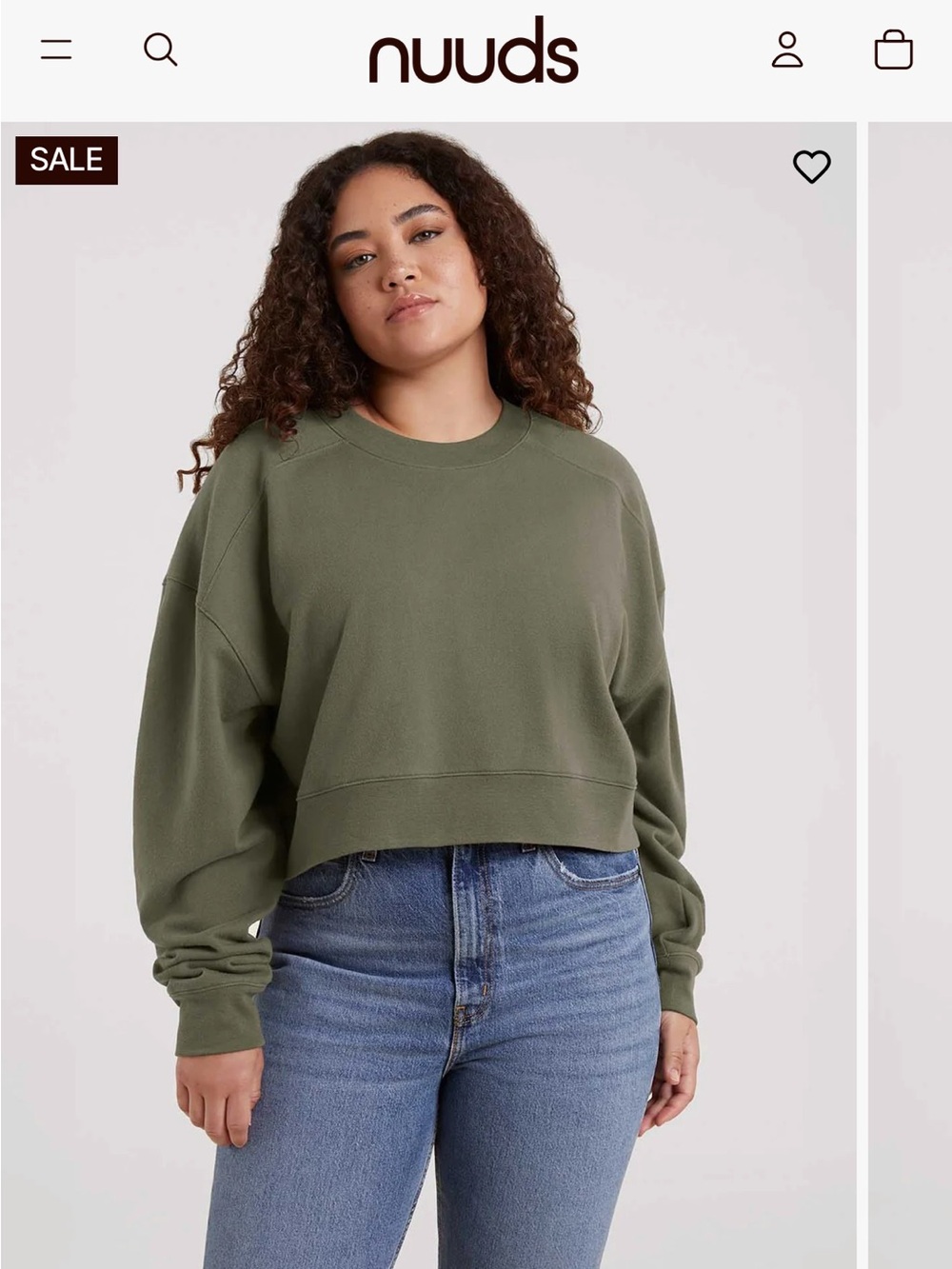 nuuds Olive Green Cropped Crewneck Sweatshirt